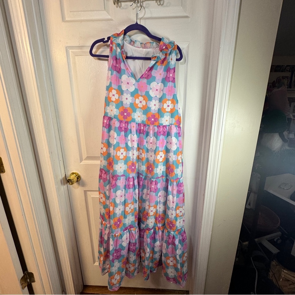 Artsal - Frilly Split Neck Tiered Dress - Floral Print - White, Blue, Pink - XL